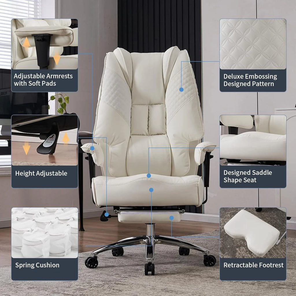Large Tall Office Chair 400 lbs Wide Seat, Leather High Back Executive Office Chair with Footrest, Ergonomic Office Chair Lumbar Support to Relieve Lower Back Pain (Beige)(Grey)