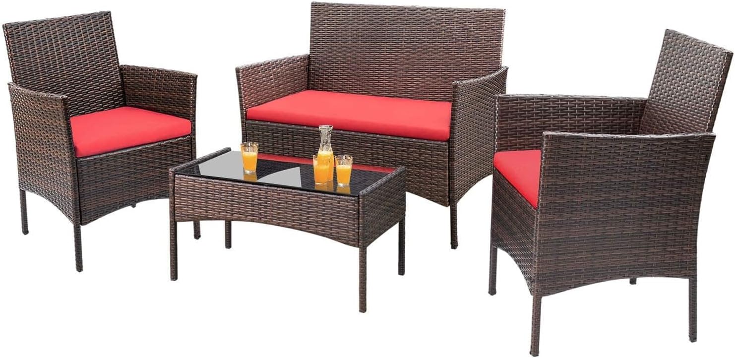 Homall 4 Pieces Outdoor Patio Furniture Sets Rattan Chair Wicker Set, Outdoor Indoor Use Backyard Porch Garden Poolside Balcony Furniture Sets Clearance (Brown and Beige)(Blue)
