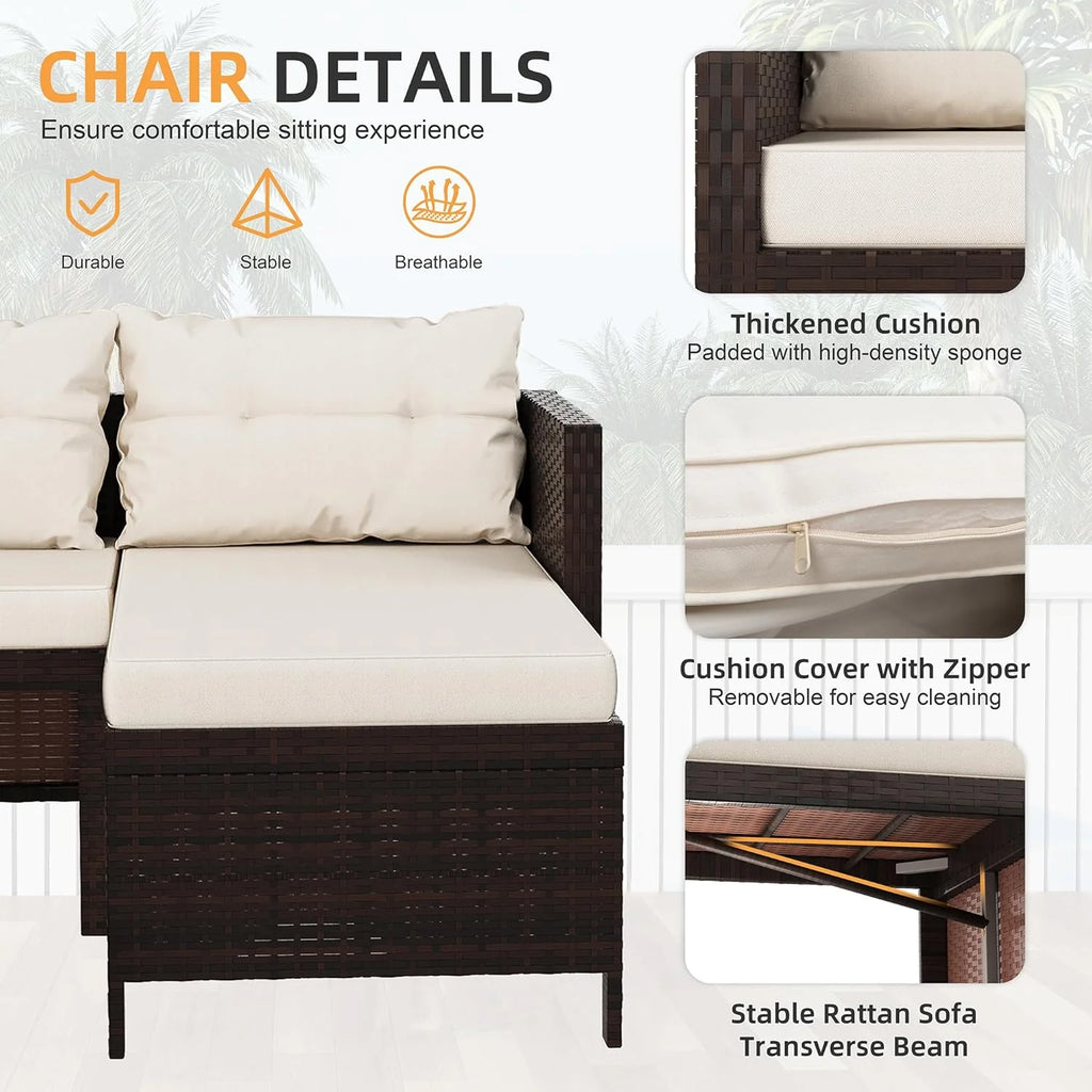 Outdoor Patio Furniture Sets, Wicker Patio sectional Sets 3-Piece, All Weather Wicker Rattan Patio Seating Sofas with Glass Coffee Table and Cushion (Beige)(Beige Cushion)