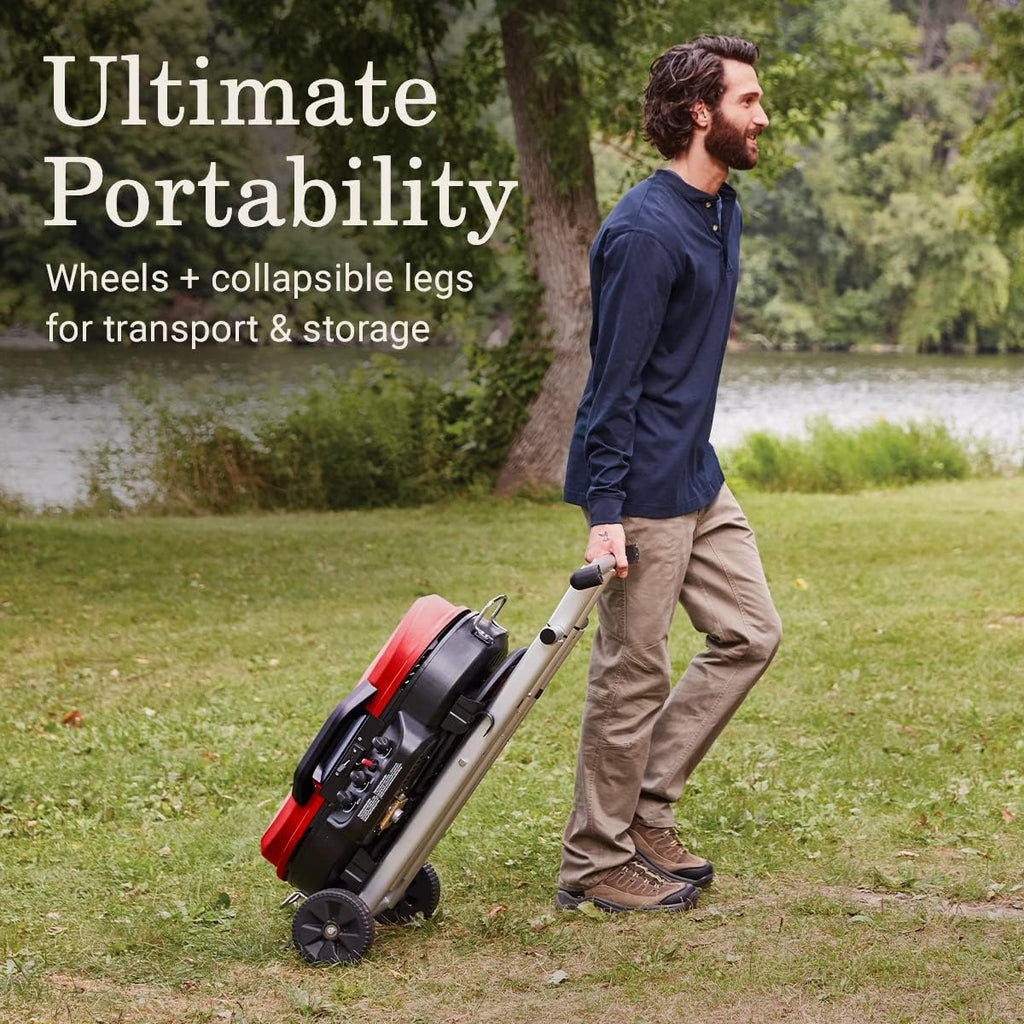 RoadTrip Portable Stand-Up Propane Grill with 3 Adjustable Burners  Instastart Ignition, 20,000 BTUs of Power for Outdoor Cooking(Red)