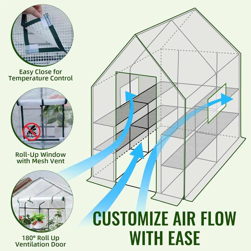 Greenhouse, 57 x 85 x 76'' Greenhouses for Outdoors, Portable Greenhouse Kit with Mesh Side Windows, PE Cover, 8 Shelves, Heavy Duty Walk in Green House for Backyard Garden Indoor Outside(Style-4)