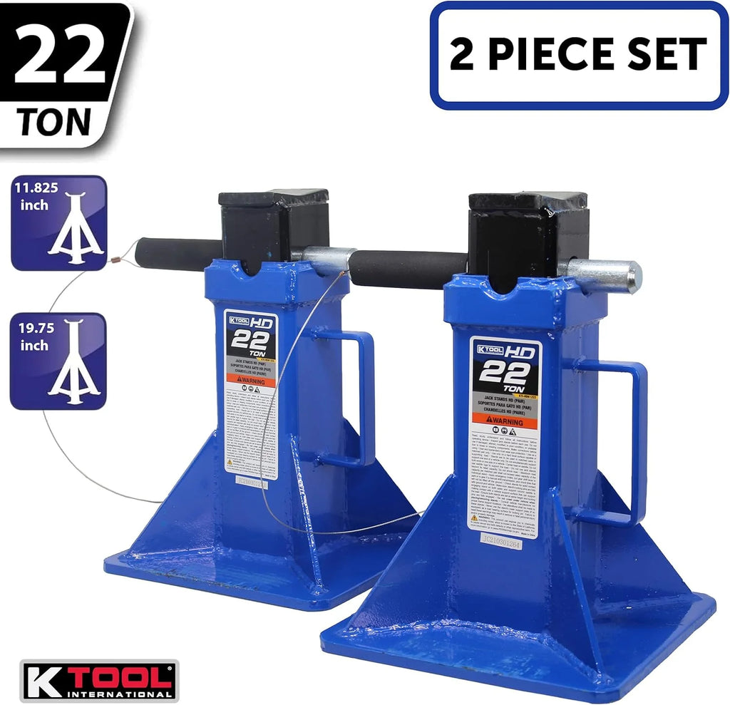 HD61222 22 Ton Automotive Jack Stands for Garages, Repair Shops, and DIY, Pin Style, V Shaped Saddle, Heavy Duty Steel Frame, Adjustable Height 11.825"- 19.725", Black/Blue, Pair(12 Ton)