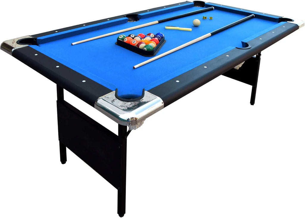 Hathaway Fairmont 6 Ft Portable Pool Table, Adults Folding Billiards Tables for Game Room with Easy Foldable Storage, Includes Full Set of Billiard Balls, Cues, Chalk  Brush(Blue/Pool Table)