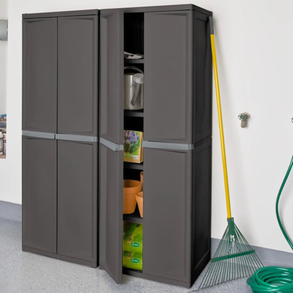 Storage Cabinet, Rugged Plastic Garage Organizer with Double Doors, 4 Adjustable Shelves, Gray(One Size/2 Pack)