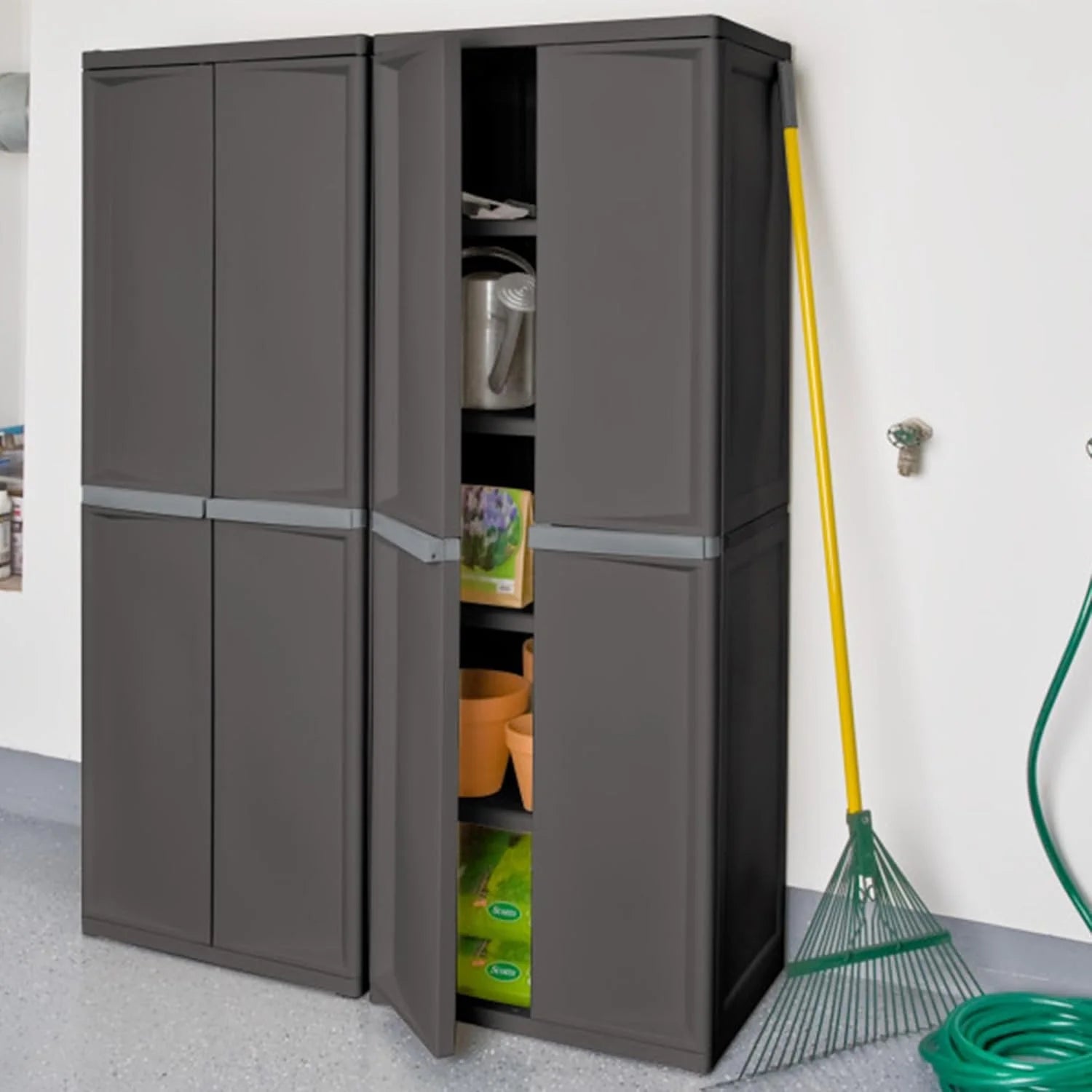 Storage Cabinet, Rugged Plastic Garage Organizer with Double Doors, 4 Adjustable Shelves, Gray(One Size/2 Pack)