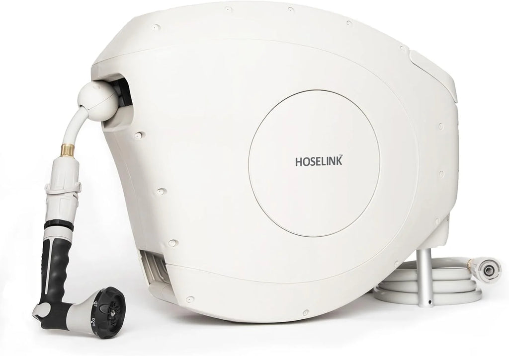 82ft Automatic Retractable Garden Hose Reel, 9/16”, 8-Pattern Spray Nozzle, UV-Stabilized Kink-Free Hose, Wall Mounted Complete Watering Solution for Backyard, Garden  Outdoor(50ft/Beige)