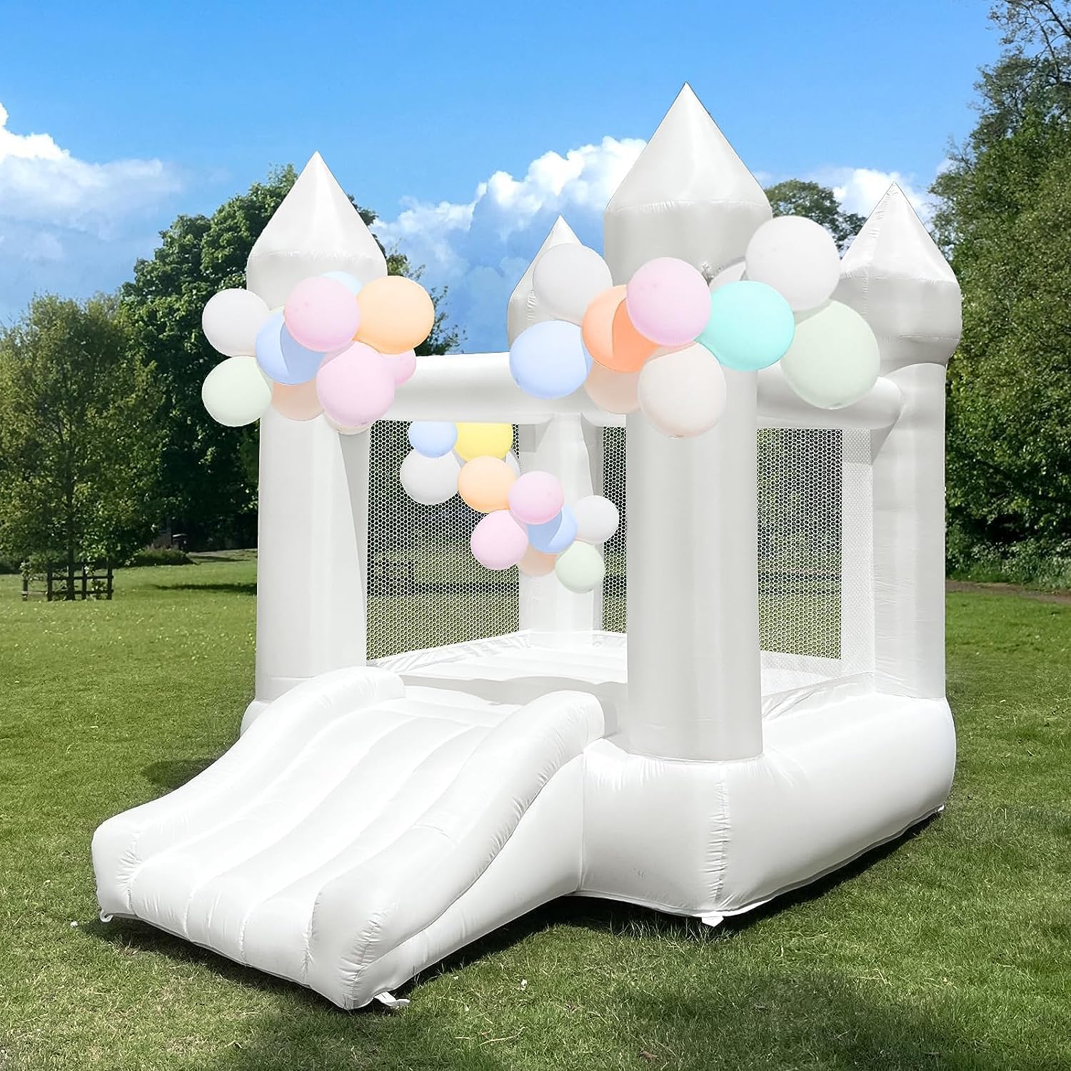 White Bounce House Indoor Outdoor Bouncy Castle for Kids 2-8 Oxford Toddler Bounce House with Slide Balloon  Blower,103 x 71 x 90 inch,Children's Birthday Party Easter Party Gifts