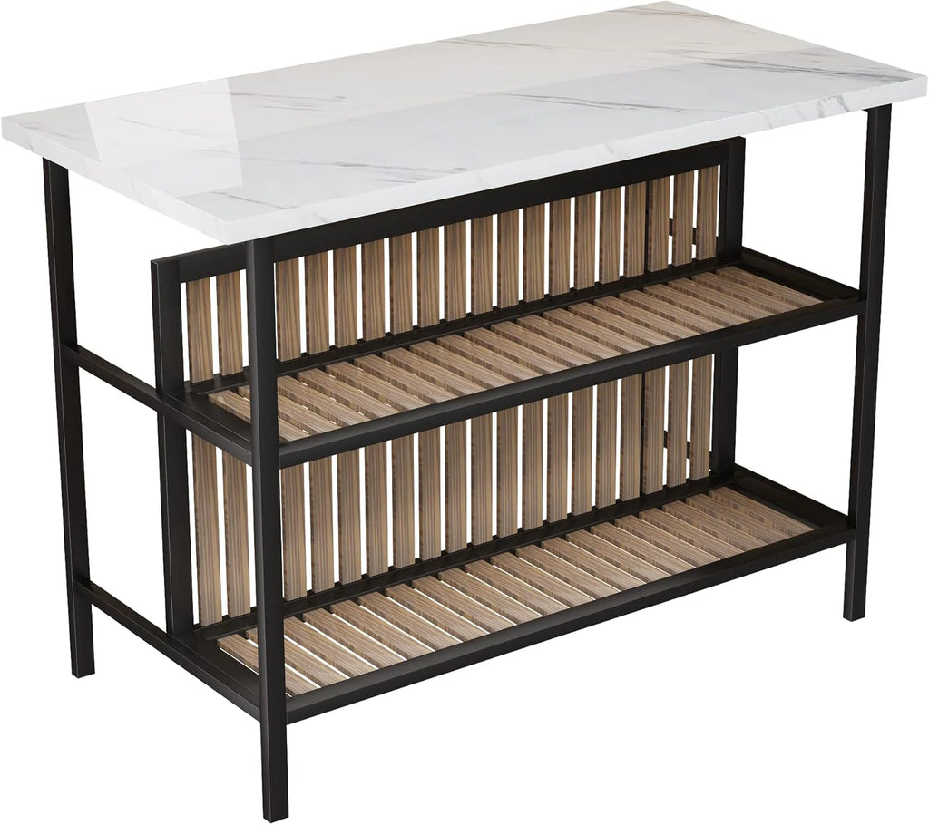 Kitchen Island with Seating  Storage Shelf, Faux Marble Island Table for Kitchen, Modern Bar Table and Chairs Set for 2,Dining Table Set for Small Space,White