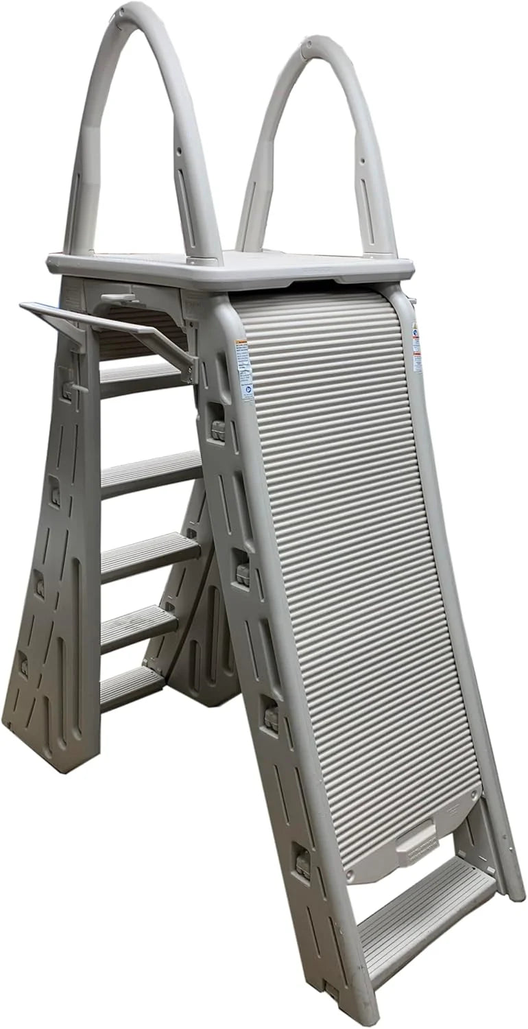Confer Plastics 7200 Roll Guard 48" to 56" Adjustable A Frame Safety Ladder for Above Ground Outdoor Patio Swimming Pool Platform Ladder with Step Barrier, Warm Grey…(Warm Grey)