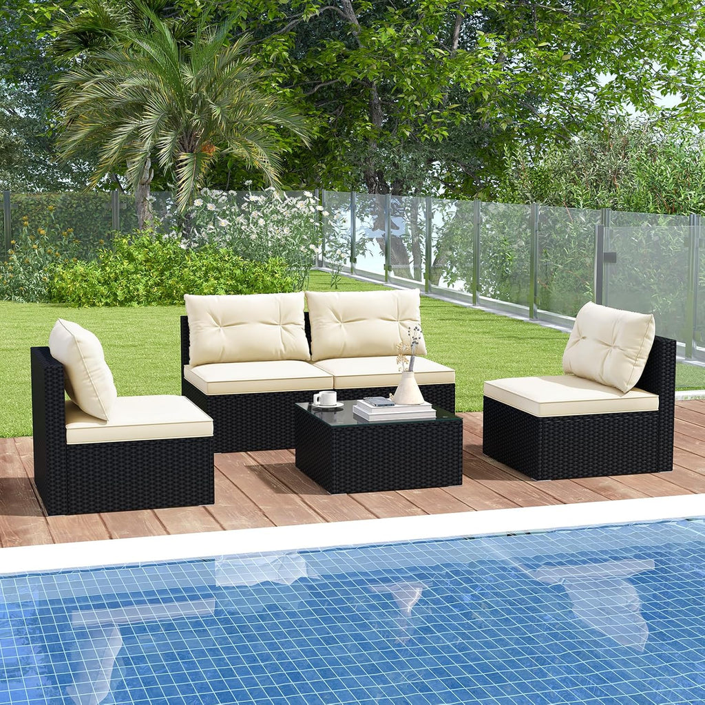 5-Piece Dark Rattan Patio Furniture Set, Outdoor Sofa with Glass Coffee Table(Navy)