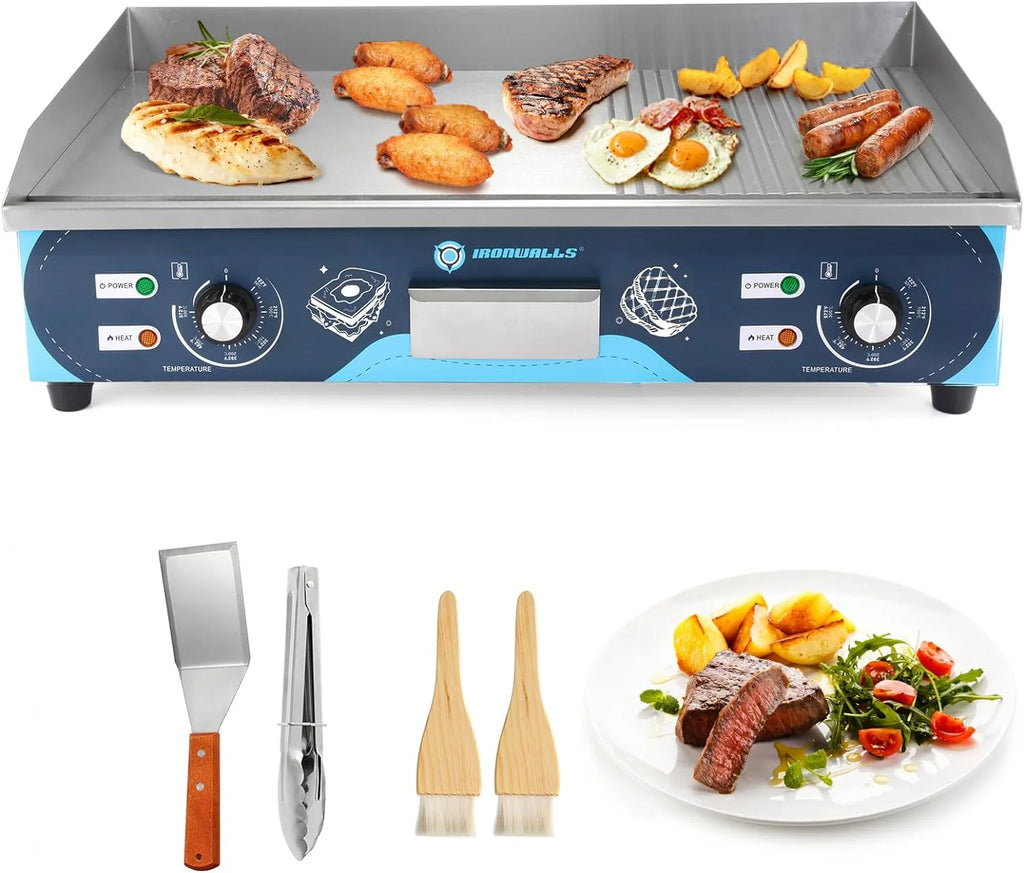 Commercial Griddle Electric 29", 4400W Electric Countertop Griddle Flat Top Grill, Nonstick Stainless Steel Teppanyaki Grill with Dual Temperature Control for Restaurant (Without Plug)(29 Inch/Blue Panel)