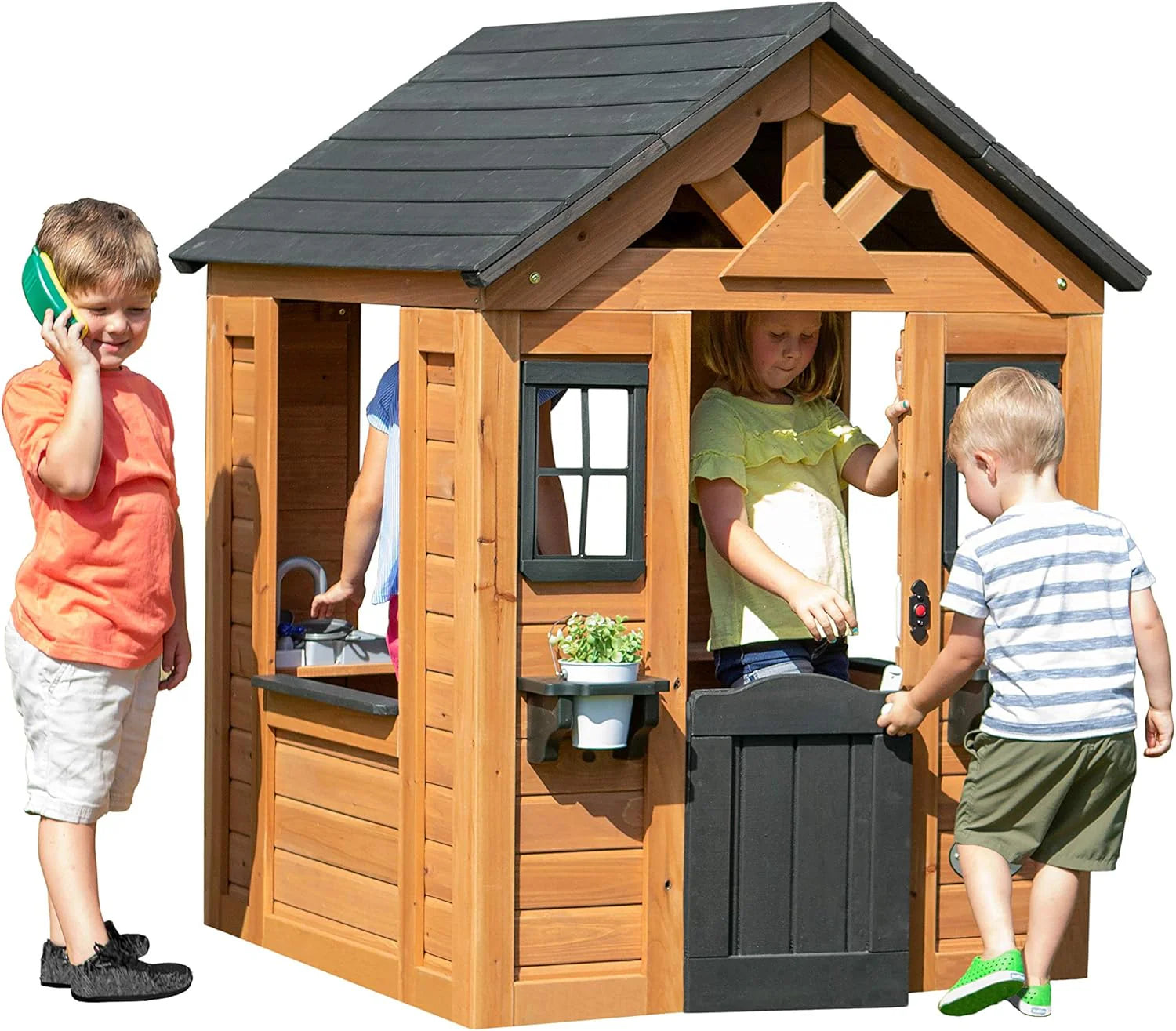 Children's playhouse cabin, equipped with a game kitchen, snack bar, half-door, toy phone, windows, flower pot stand and an operable doorbell, suitable for creative outdoor games.(Light Brown)