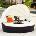 Green Rattan Round Outdoor Daybed with Canopy, Cushions  Adjustable Coffee Table(Off-white)