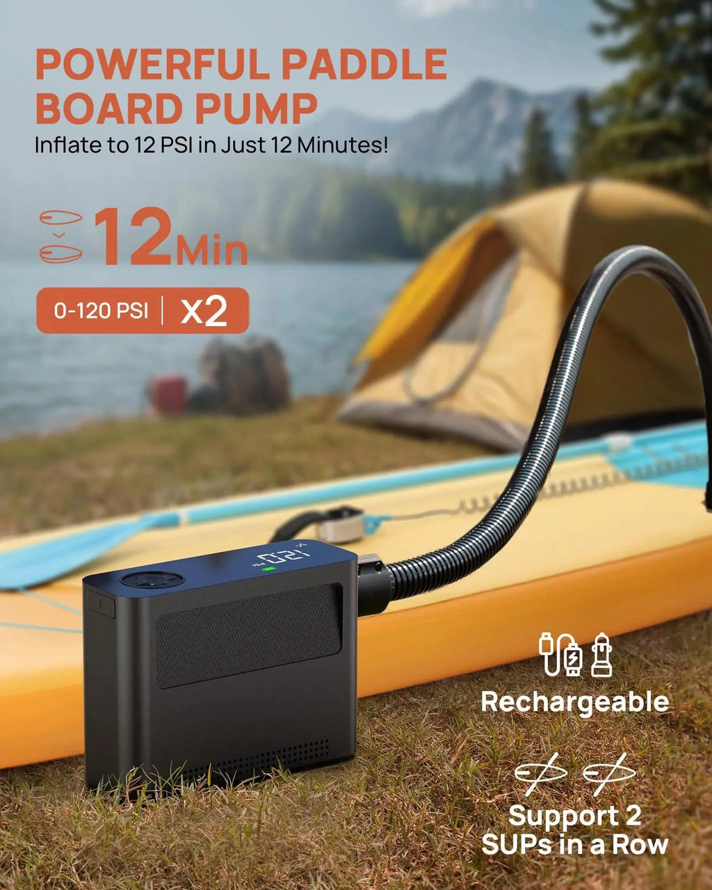 Tire Inflator Portable Air Compressor, Rechargeable Electric Paddle Board Pump 150PSI, 3X Faster Inflation 9 Pump Modes,Auto Air Pump for Car Tires Motorcycle Bike Ball SUP Tent Kayak Float