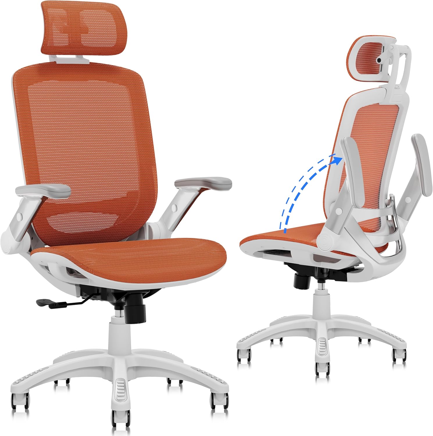 GABRYLLY Ergonomic Office Chair, High Back Home Desk Chair with Headrest, Flip-Up Arms, 90-120° Tilt Lock and Wide Cushion, Big and Tall Mesh Chairs for Man Woman, Black Task Chair(White Frame Orange Mesh)