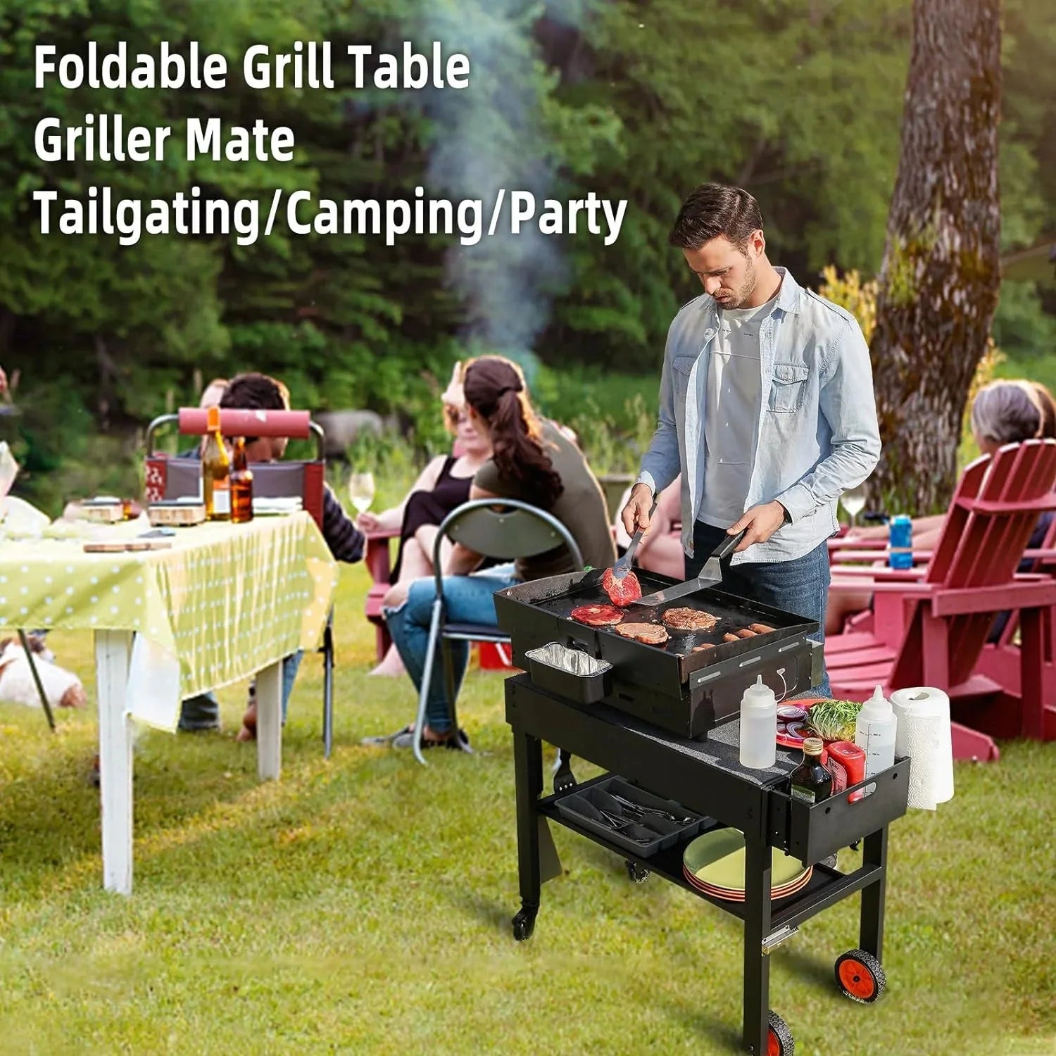 Adjustable 3-Shelf Indoor  Outdoor Grill Table | Portable Work Table with Stainless Steel Tabletop