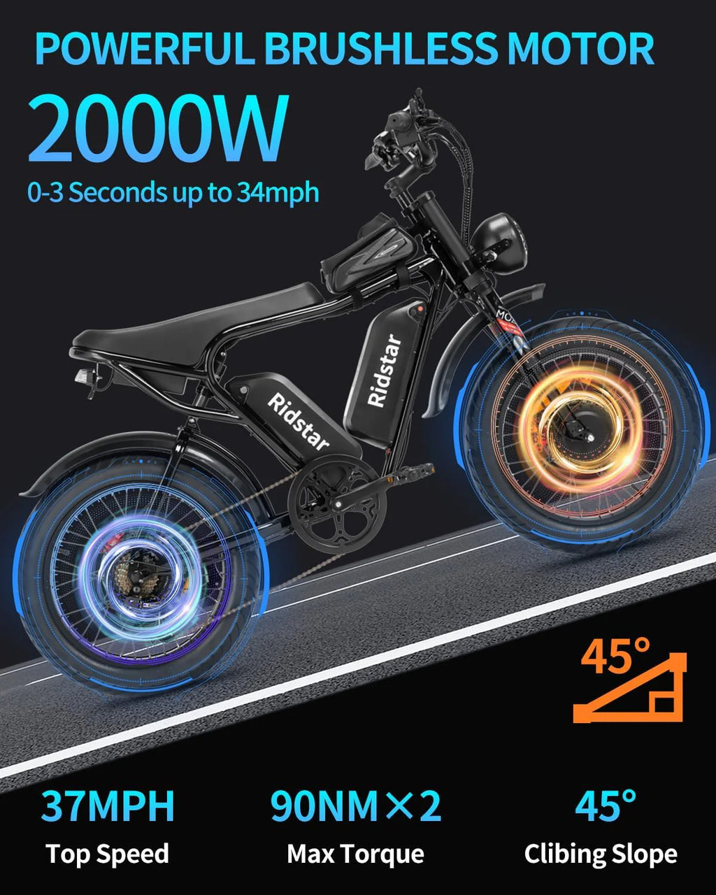 Electric Bike for Adults, 1000/2000W, 25/30/37MPH,48V-52V, 20AH,40AH Battery, Max 50-180 Miles Electric Motorcycle, 20" Fat Tire Dirt Bike, Shamano 7-Speed E-Bike(Q20PRO-2000W 52V 40AH)