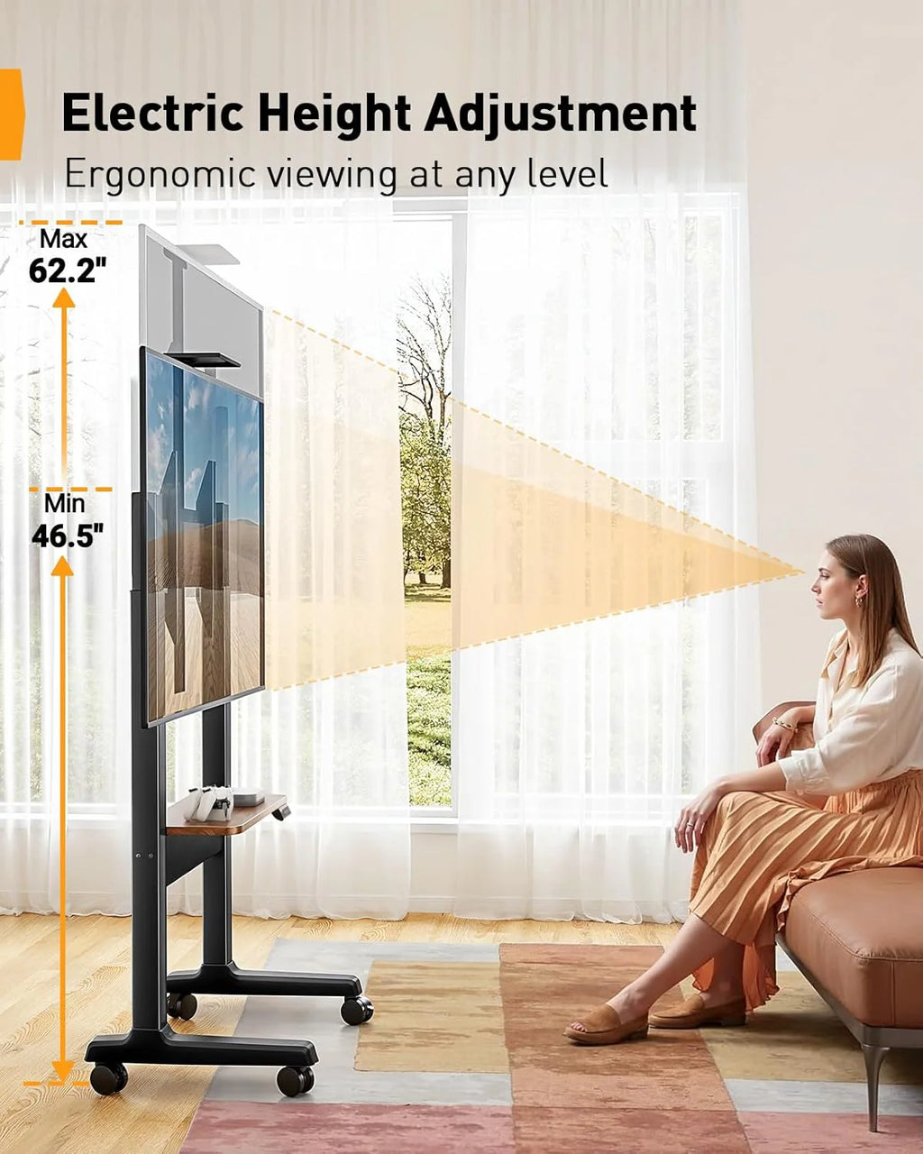 Motorized Mobile TV Stand on Wheels for 37–86 Inch TVs up to 154 lbs, Electric Height Adjustable Rolling TV Stand, VESA 200x200–600x400mm, Wooden Shelf  Panel, PGTVMC26B