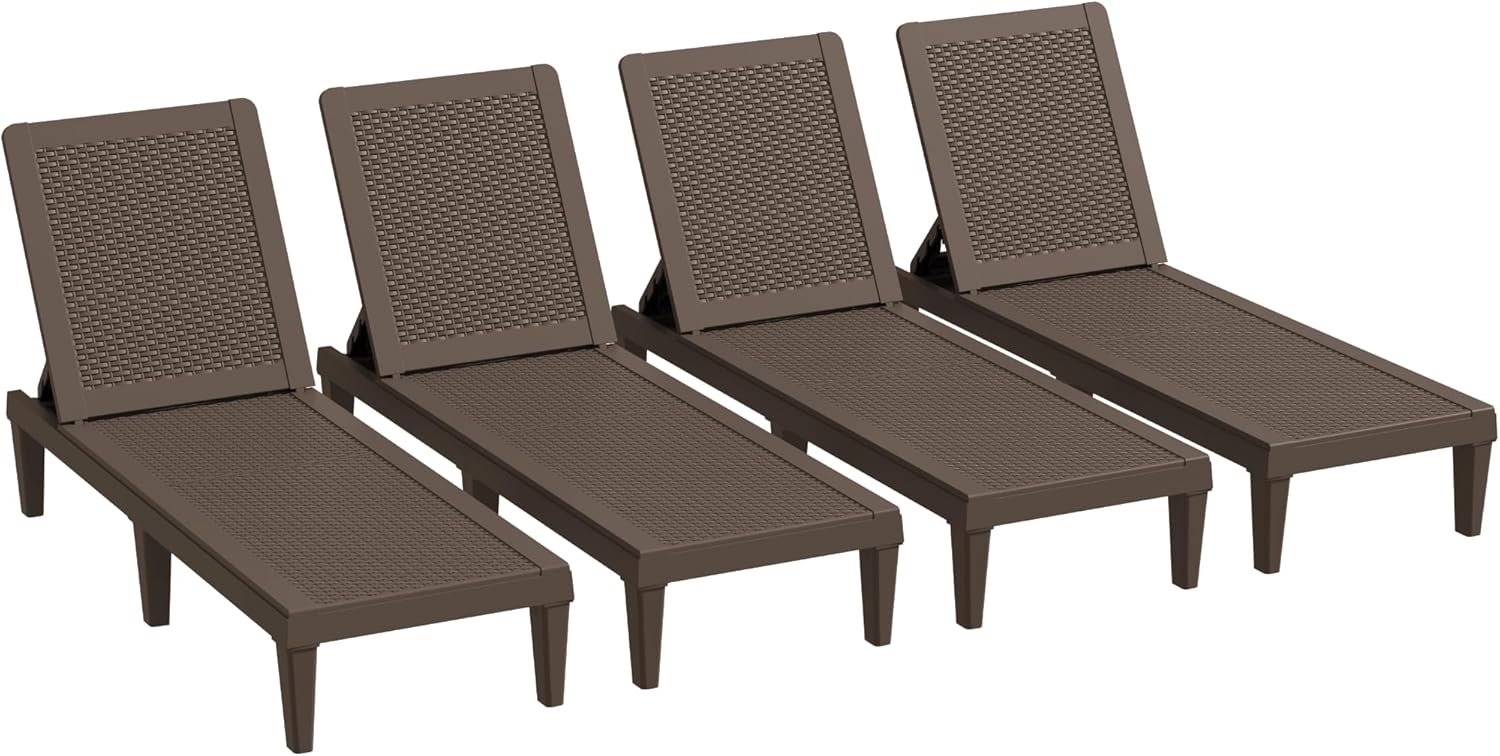Outdoor Chaise Lounge Chair Set of 2 for Patio Poolside, Waterproof  Adjustable  Easy Assembly Sun Lounger for Outside Deck, Pool, Beach, Black(Set of 4/Brown)