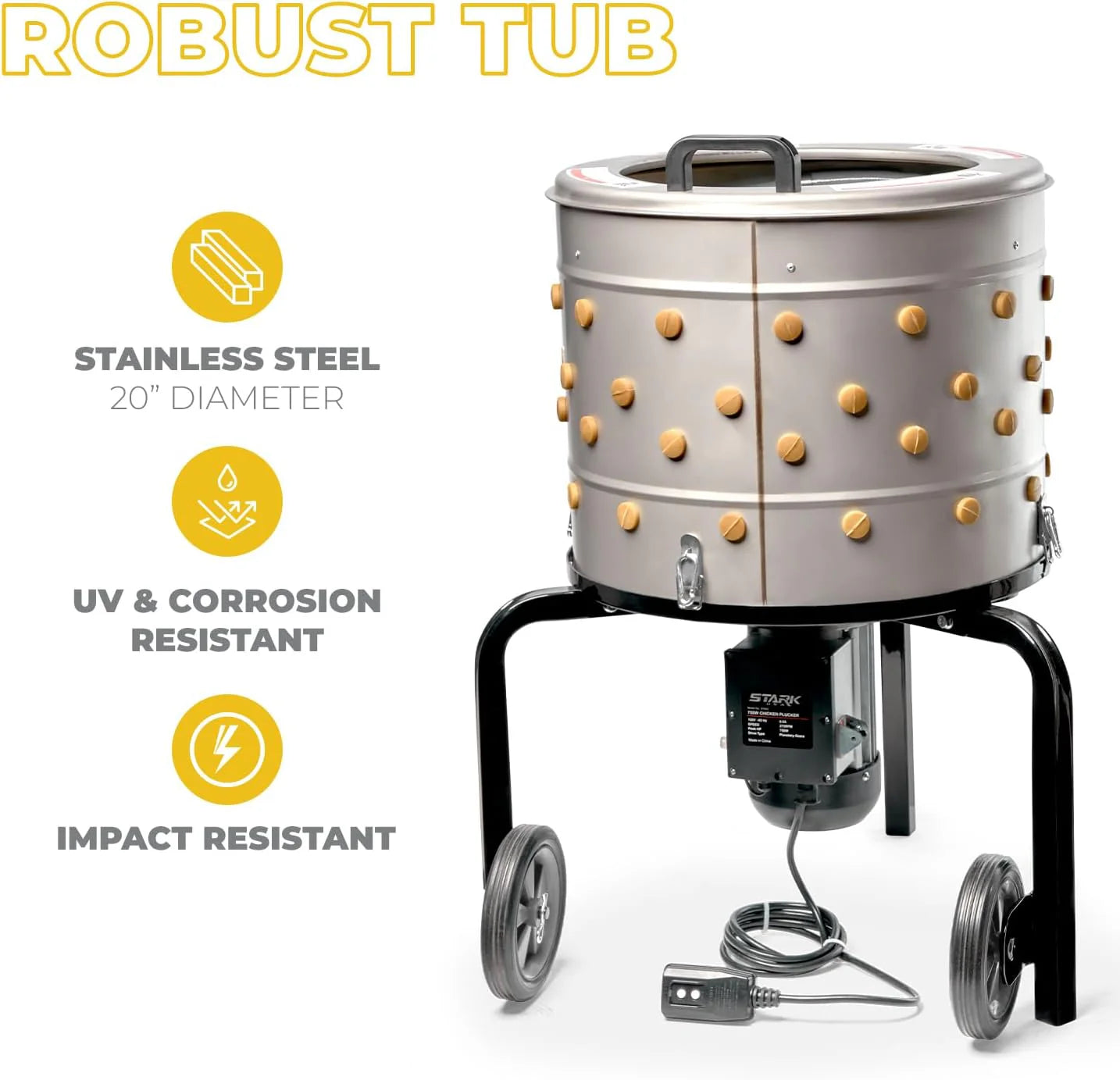 750W Chicken Plucker Poultry De-Feather Remover with 92 Soft Fingers Feather Plucking Machine 20" Drum Stainless Steel