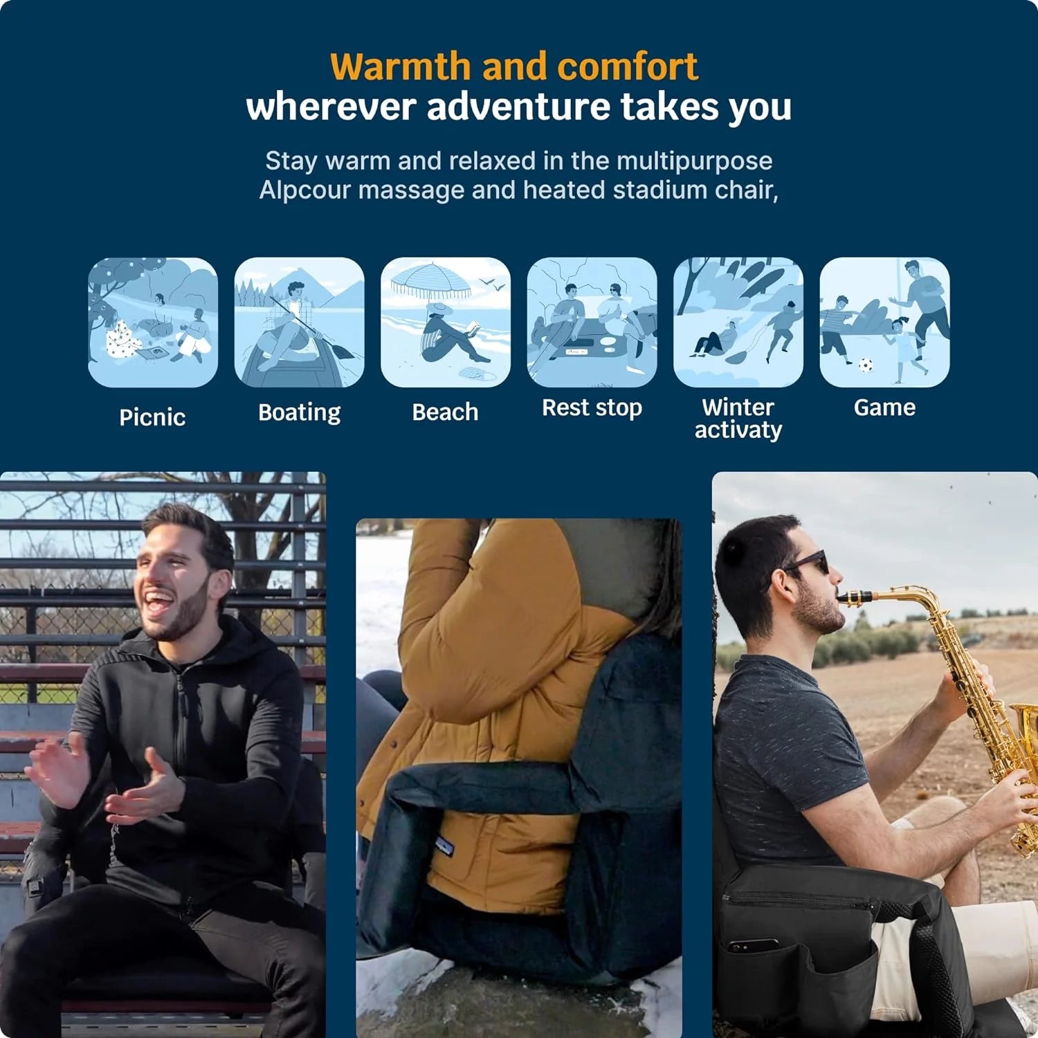 Heating Massage Stadium Seat – Deluxe Reclining Bleacher Chair with Back  Arm Support – Built-in Heater and Massager - Extra Thick, Lightweight and Waterproof with Detachable Pockets(Wide/Deluxe)