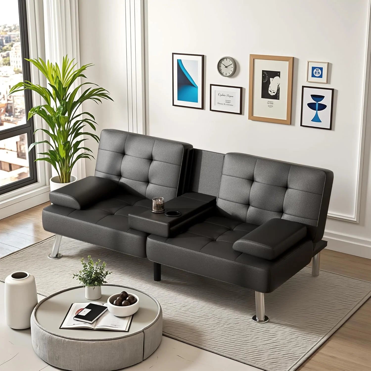 Futon Sofa Bed Convertible Folding Futon Set Modern Recliner Lounge for Small Room  Living Room with 2 Cup Holders, Removable Armrests (Artificial Leather, Black)(Black/Artificial Leather)