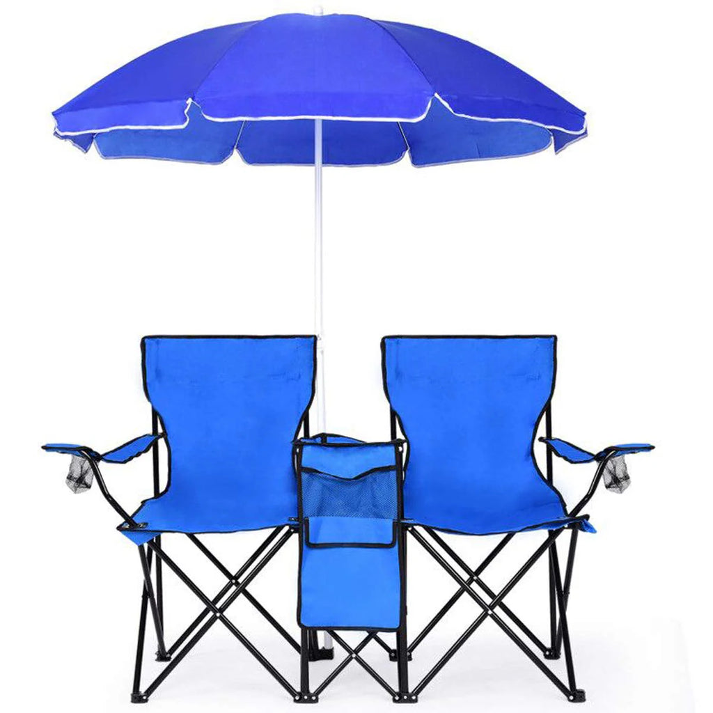 Double Folding Picnic Chairs Umbrella Mini Table Beverage Holder Carrying Bag(Blue)