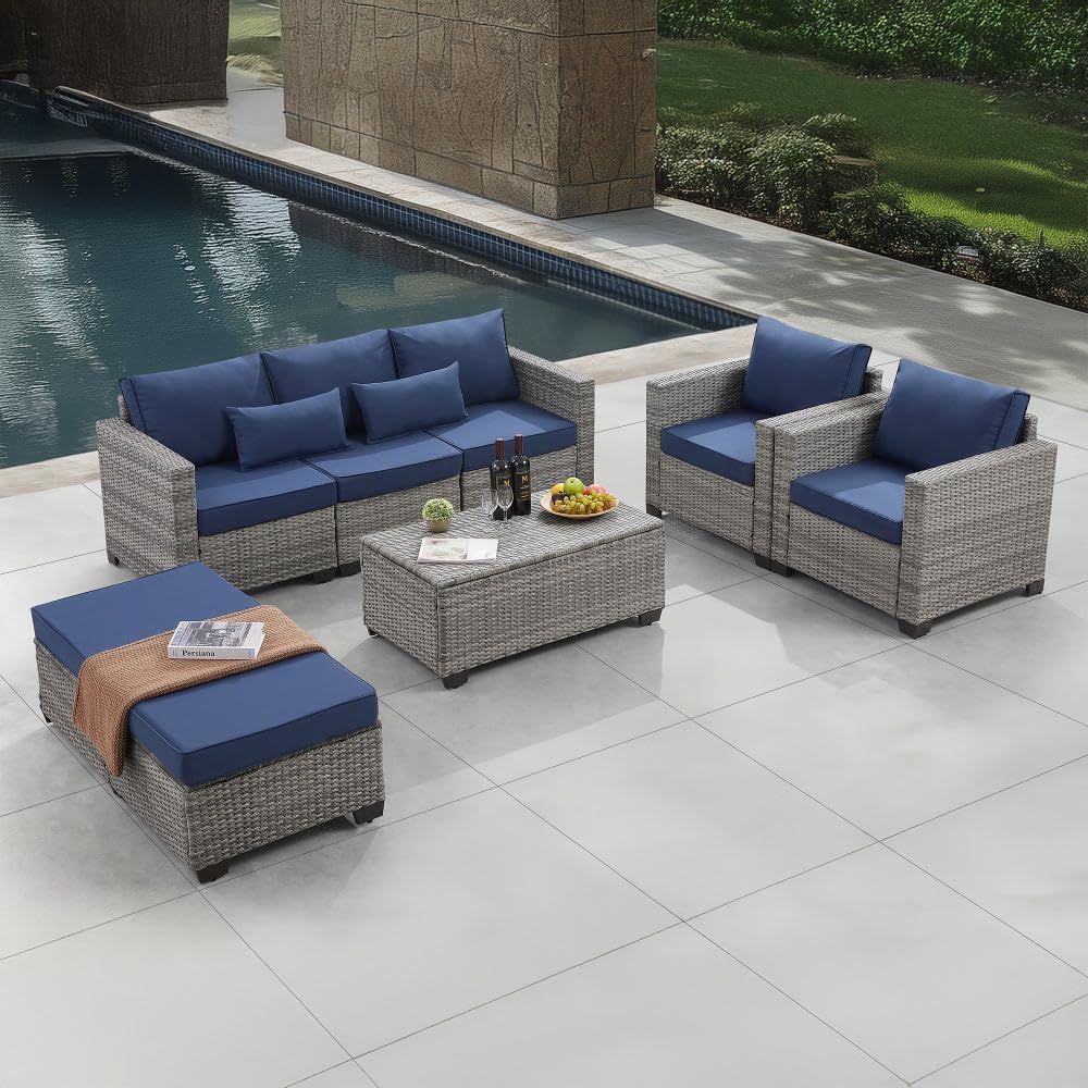 6 Pieces Outdoor Patio Furniture Sets with Furniture Cover, PE Rattan Wicker Patio Conversation Set with Tea Table (Peacock Blue, Rattan Storage Table)(Peacock Blue/Rattan Storage Table)
