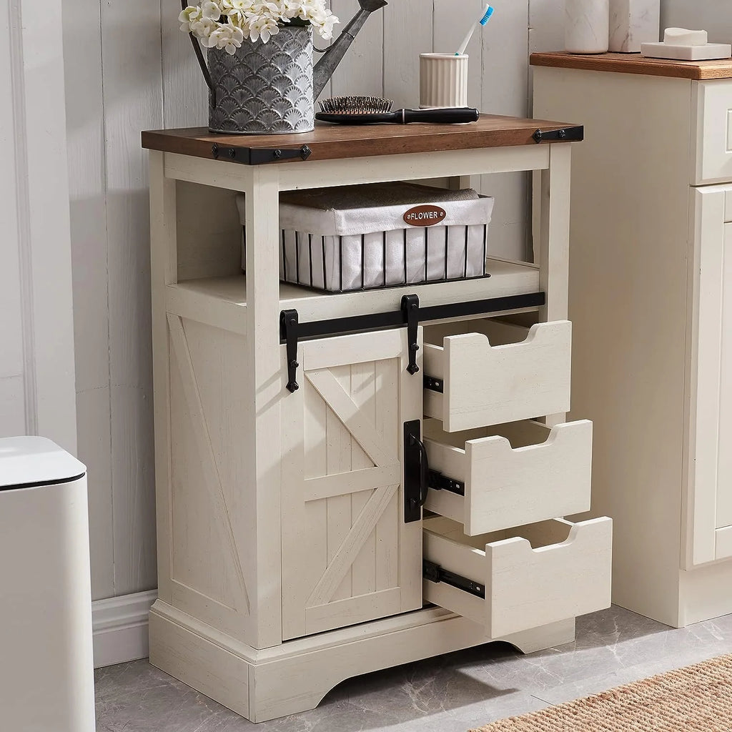OKD Bathroom Floor Cabinet, Farmhouse Storage Cabinet with Sliding Barn Door  Storage Drawers