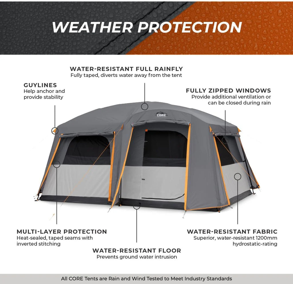 CORE Straight Wall Cabin Tents | 10 Person / 11 Person / 12 Person Large Multi Room Family Tents for Car Camping  Outdoor Adventures(10 Person With Full Rainfly)