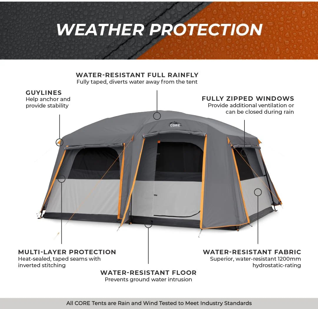 CORE Straight Wall Cabin Tents | 10 Person / 11 Person / 12 Person Large Multi Room Family Tents for Car Camping  Outdoor Adventures(10 Person With Full Rainfly)