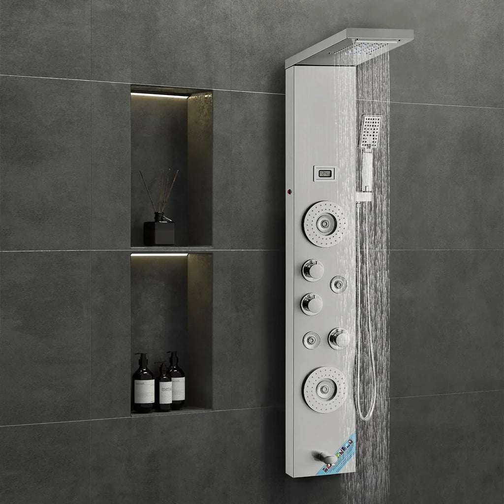 Shower Panel System, 6 Shower Modes, LED  Display Shower Panel Tower, Rainfall, Waterfall, 4 Body Massage Jets, Tub Spout, Handheld Shower Head 59" Hose, Stainless Steel Wall-Mounted Shower Set