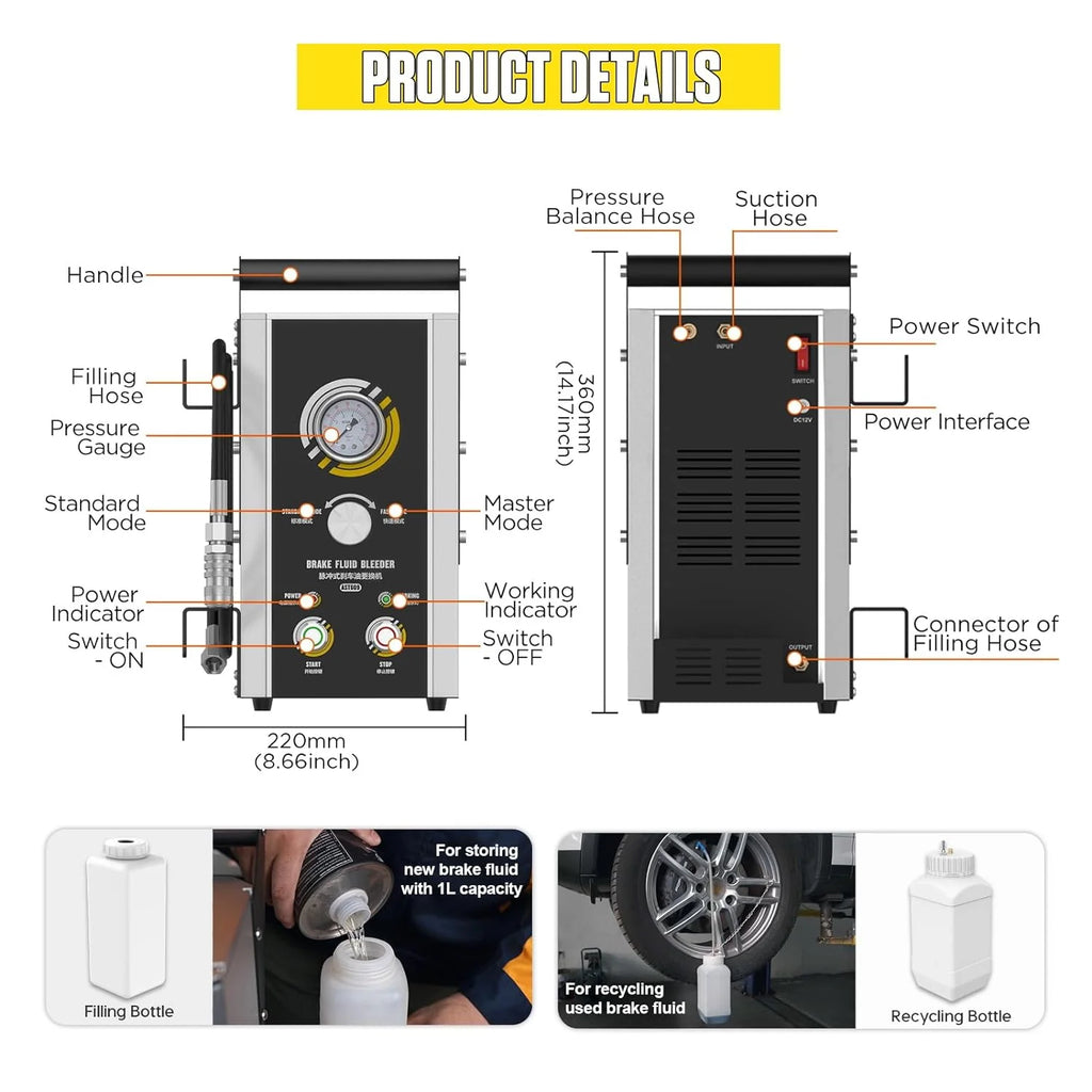 Automotive Brake Bleeder Kit, 100V-240V Electric Brake Bleeding Device, 0~3Bar Brake Fluid Oil Exchanger with 7PCS Master Cylinder Adapter, Pressure Gauge  Portable Carrying Handle