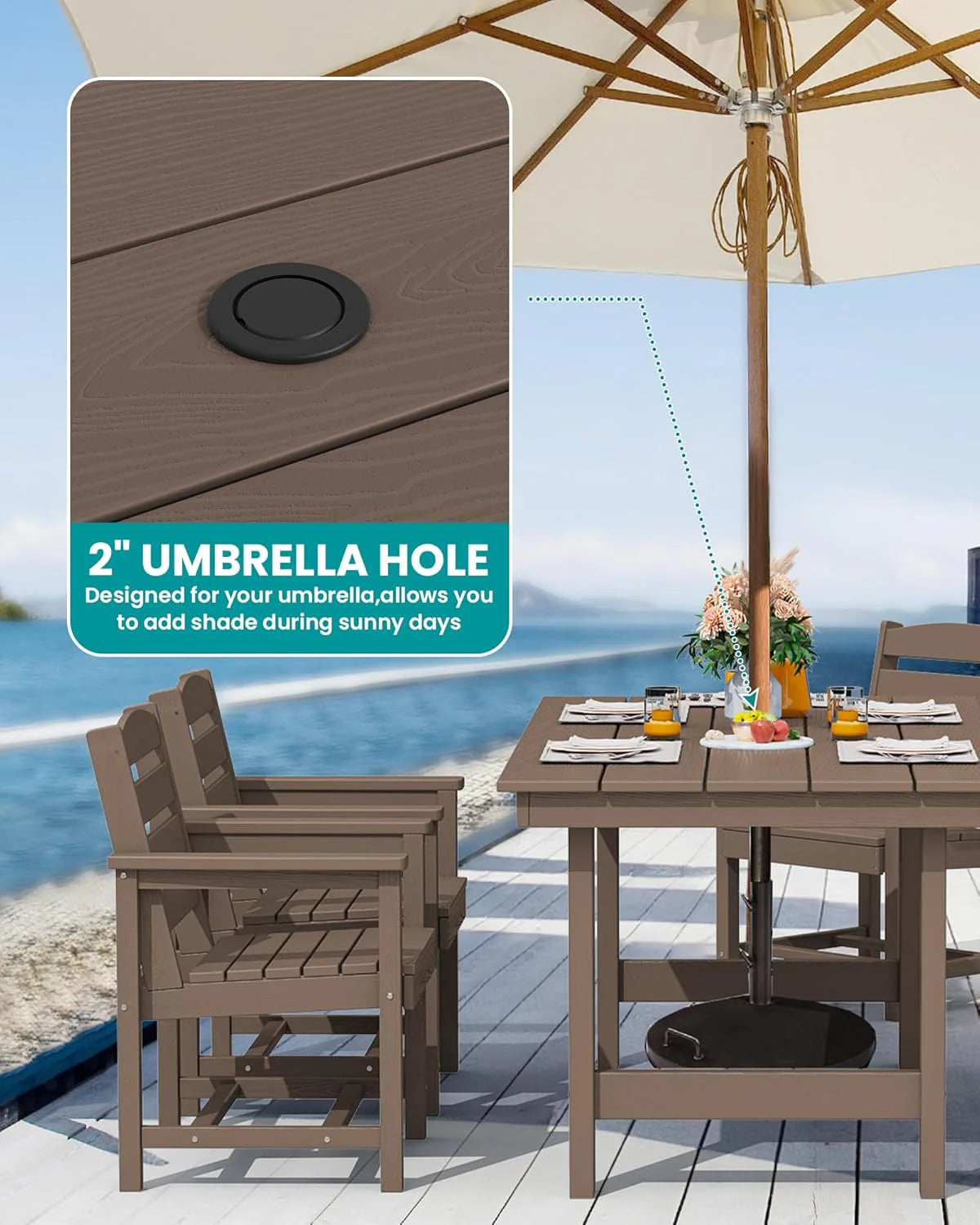 SERWALL 7-Piece Patio Table Set, Outdoor HDPE Dining Furniture with Umbrella Hole, All Weather Table and Chairs for Lawn, Garden, Poolside, Aruba(7 Piece + RedWhite Cushion/Aruba)