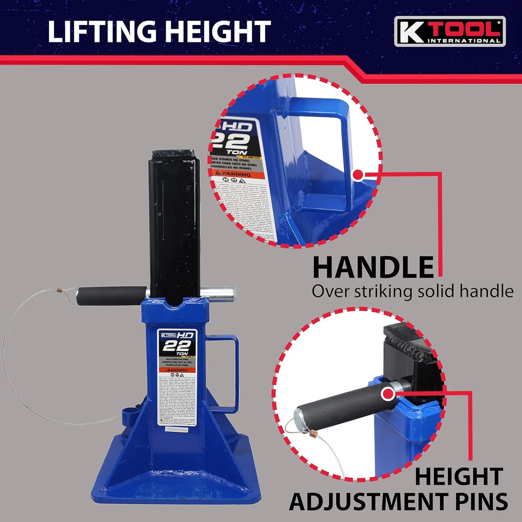 HD61222 22 Ton Automotive Jack Stands for Garages, Repair Shops, and DIY, Pin Style, V Shaped Saddle, Heavy Duty Steel Frame, Adjustable Height 11.825"- 19.725", Black/Blue, Pair(12 Ton)