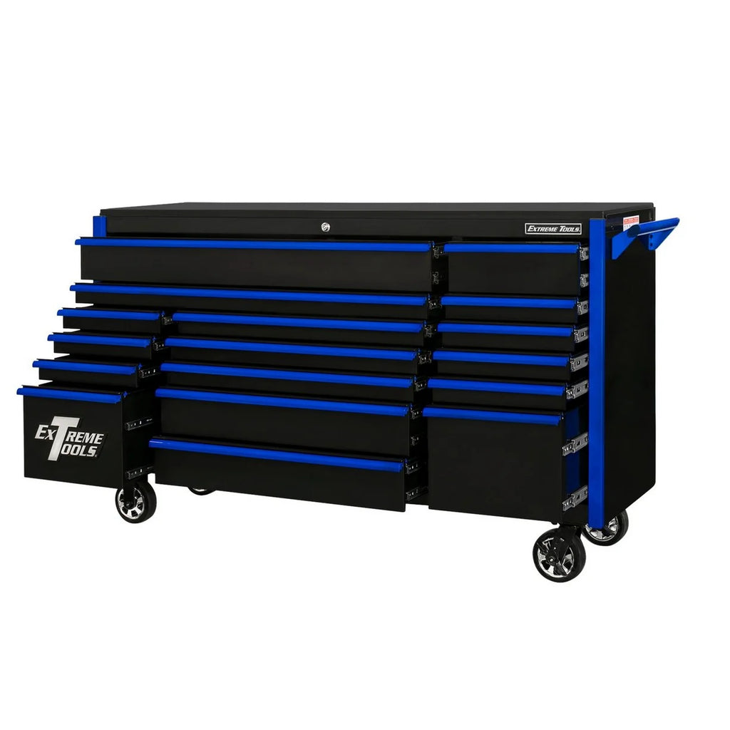 Extreme Tools DX Series 72” 17 Drawer Roller Cabinet(Black - Blue)