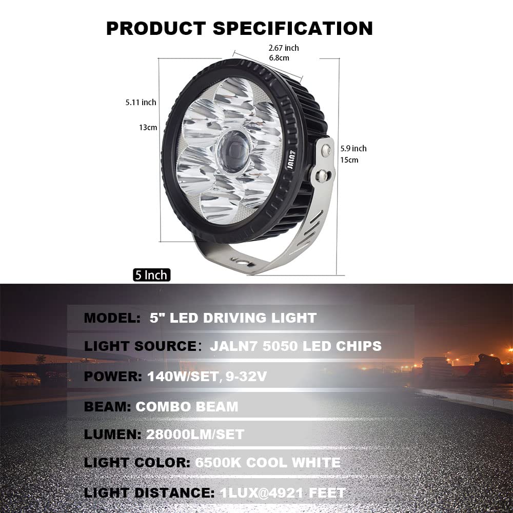 5 inch 140W DHF10 LED Fog lights 28000LM floodlights and spotlights Round off-road LED pod assist lights strip driving bumpers, trucks, ATV cars, motorcycles, boats, jeeps white