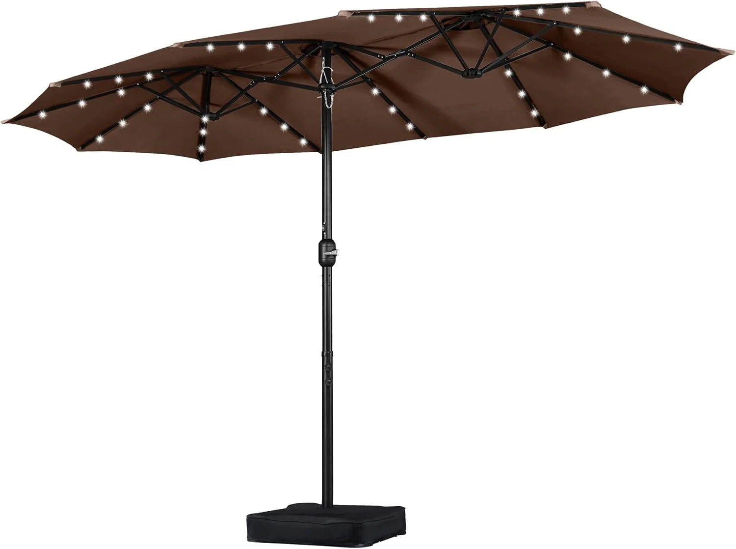 15 ft Large Patio Umbrella with Solar Lights Double-Sided Outdoor Rectangle Market Umbrellas with 36 LED Lights/Base Included/Easy Crank for Patio Garden Yard Pool Lawn, Brown(Brown/15FT)