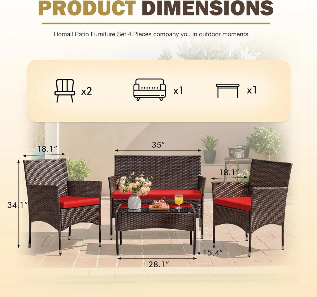 Homall 4 Pieces Outdoor Patio Furniture Sets Rattan Chair Wicker Set, Outdoor Indoor Use Backyard Porch Garden Poolside Balcony Furniture Sets Clearance (Brown and Beige)(Blue)