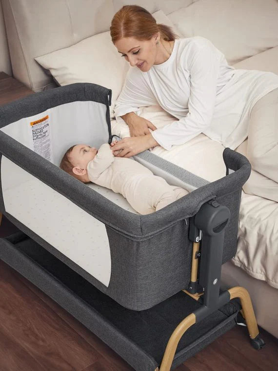 Rocking Bassinet Bedside Sleeper, Adjustable Height, Portable with Wheels, Includes Comfy Mattress, for Newborns