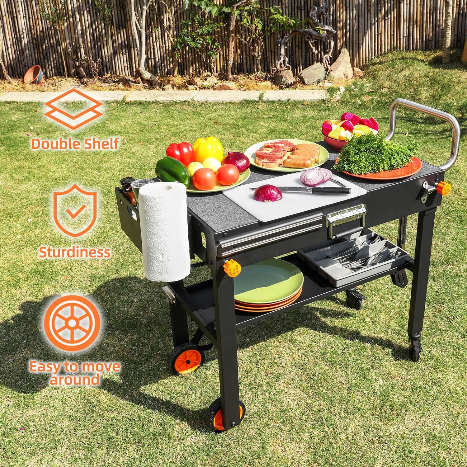 Adjustable 3-Shelf Indoor  Outdoor Grill Table | Portable Work Table with Stainless Steel Tabletop