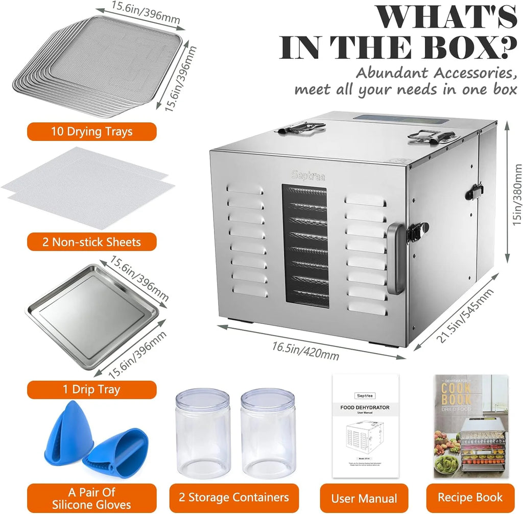 Commercial Large 10 Trays Food Dehydrator, Usable Area up to 17ft2, 1000W Detachable Full Stainless Steel Dryer Machine, up to 190℉ Temperature, for Meat, Fruit, Beef, Herbs, and Pet Food(5-Pack Silicon Trays with Edge)
