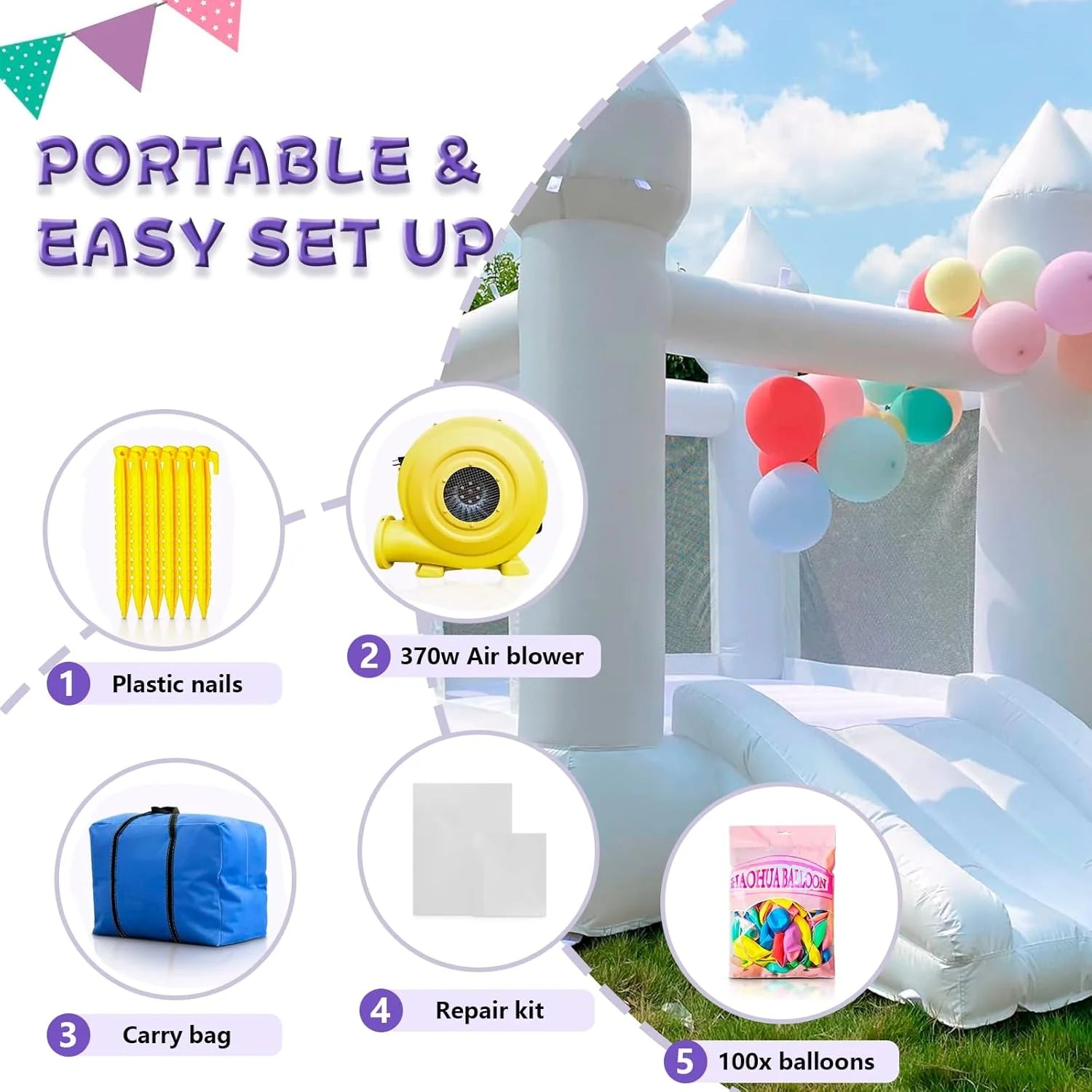 White Bounce House Indoor Outdoor Bouncy Castle for Kids 2-8 Oxford Toddler Bounce House with Slide Balloon  Blower,103 x 71 x 90 inch,Children's Birthday Party Easter Party Gifts