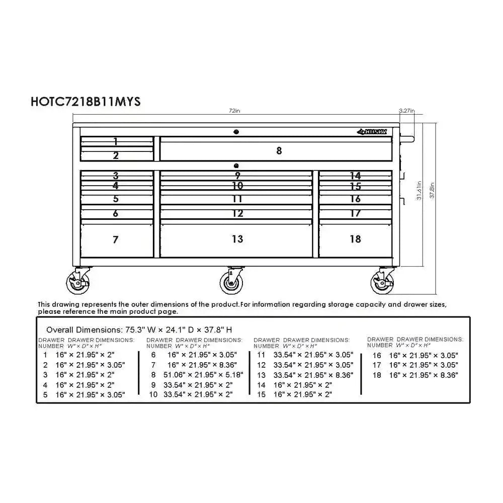 Husky 72 in. 18-Drawer Mobile Workbench with Solid Wood Top in Gloss Blue