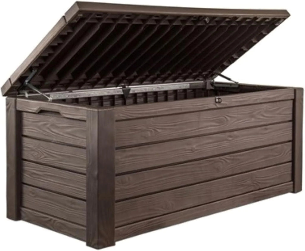 570-liter storage box, all-weather resin boat-shaped storage box, and stylish outdoor bench with piston-assisted lockable lid and side handles, dark coffee color version(Brown)