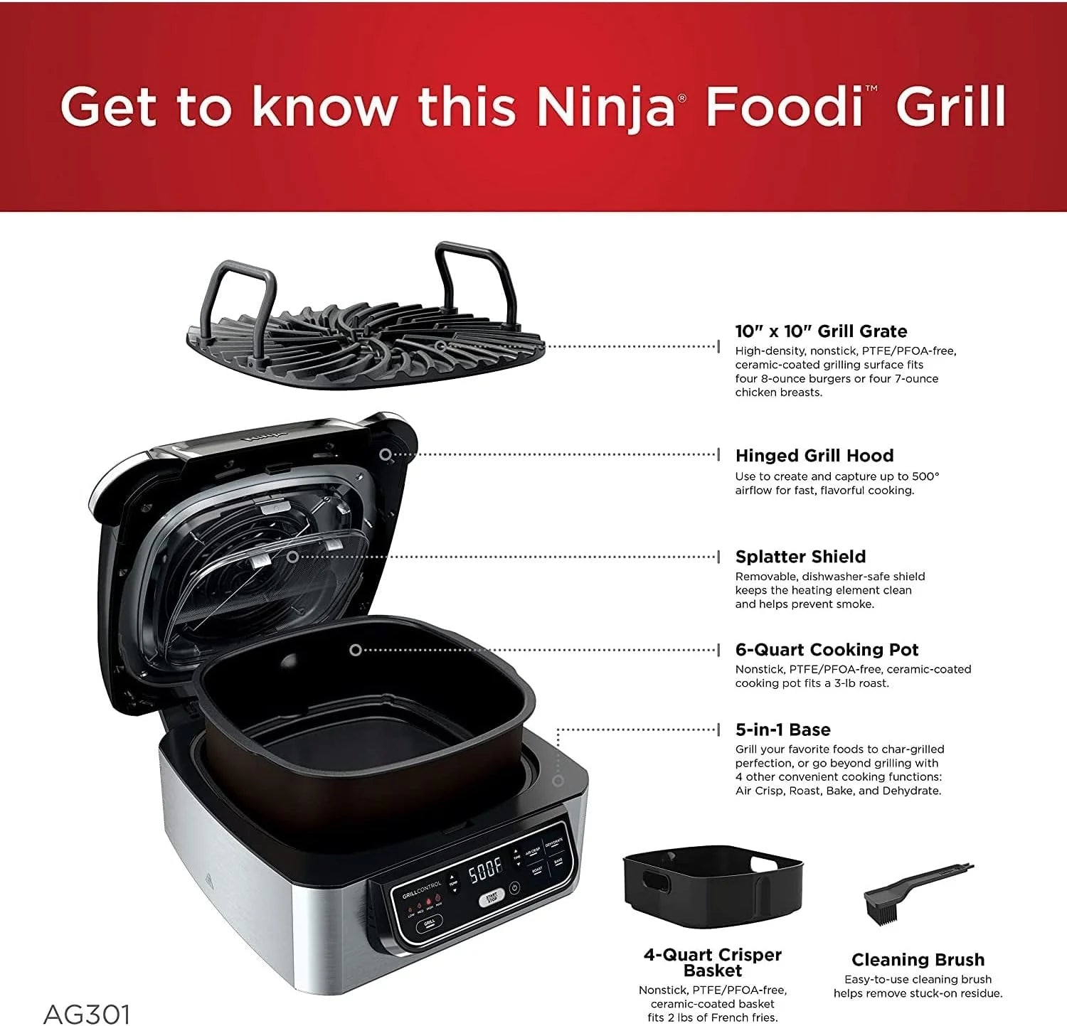 5-in-1 Indoor Electric Grill with Air Fry, Roast, Bake  Dehydrate - Programmable, Black/Silver(Black/Silver/4-Quart)