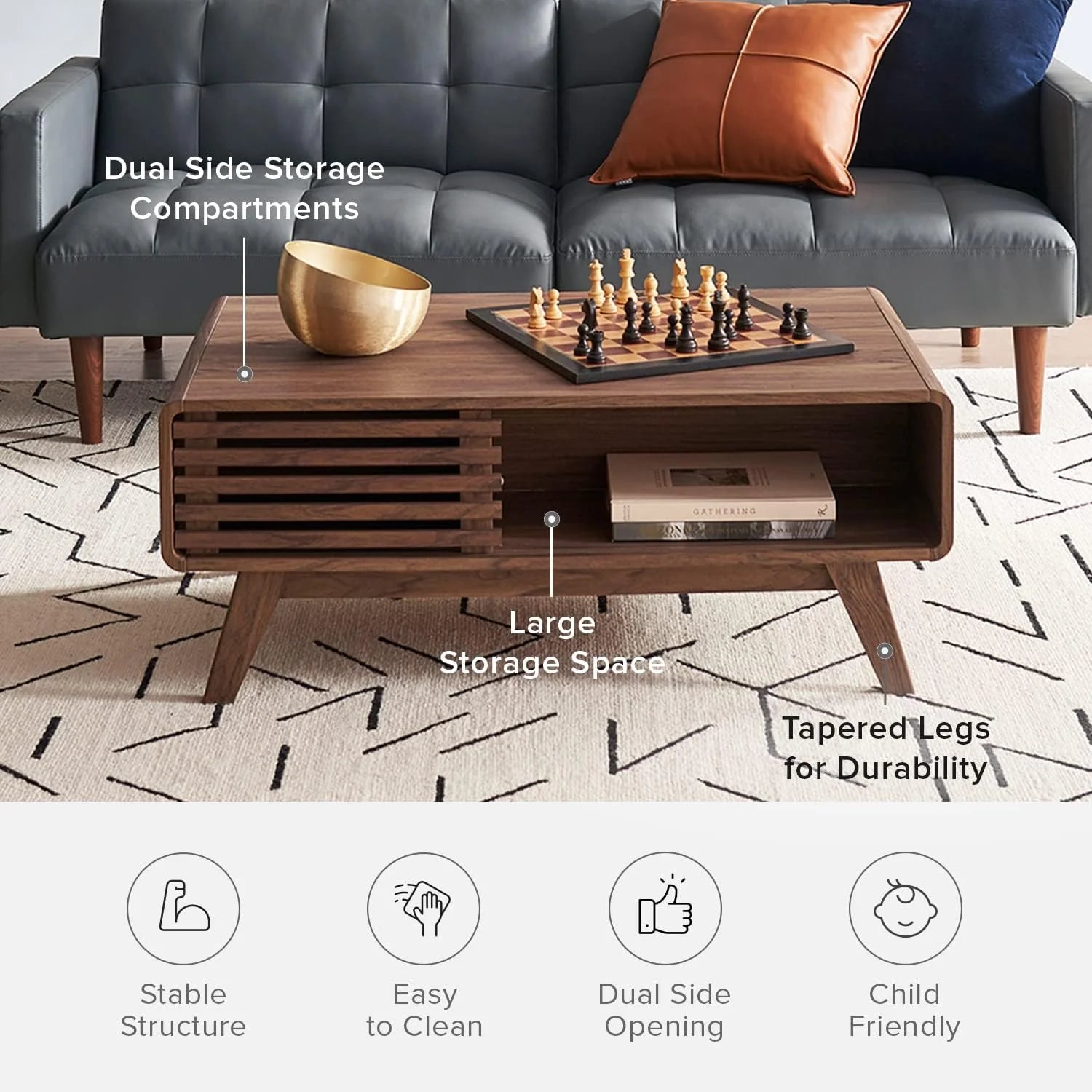Mopio Ensley Mid Century Modern Rectangle Coffee Table with Dual Storage Shelf, Wood Slat Sliding Door,  Rounded Edge Protection for Living Room, Walnut Grain(Round Nesting Tables)