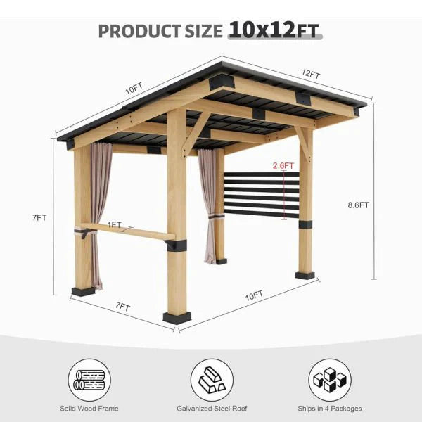 [10x12FT] Heavy Duty Premium Outdoor All-Season Wooden Cedar Hardtop Gazebo With Metal Roof  Back Curtains (SAK57184)(Buy 1)