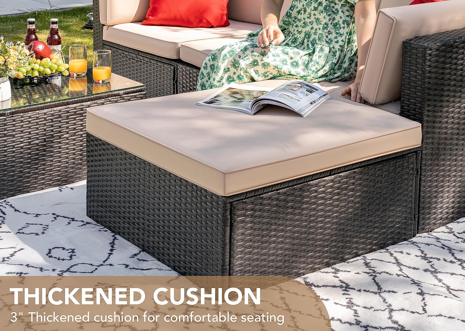 Devoko 5 Pieces Patio Furniture Sets All Weather Outdoor Sectional Patio Sofa Manual Weaving Wicker Rattan Patio Seating Sofas with Cushion and Glass Table(Beige)(Blue/5 Pieces set)