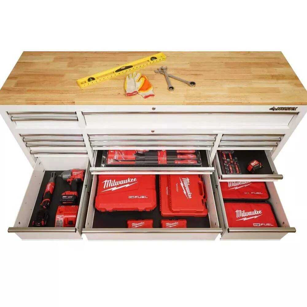 72 in. W x 24 in. D Standard Duty 18-Drawer Mobile Workbench Tool Chest with Solid Wood Top in Gloss White